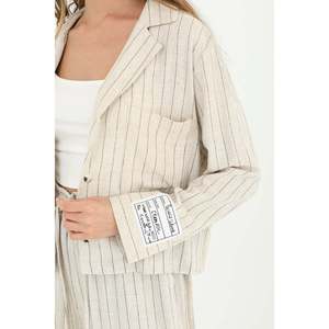 เบคูรา ลูบูนาเสื้อเชิ้ตลินินลายทางสำหรับผู้หญิง สีเบจ เสื้อเชิ้ตติดกระดุมลำลอง สไตล์เรียบง่ายสำหรับทุกวัน - Product Image 1