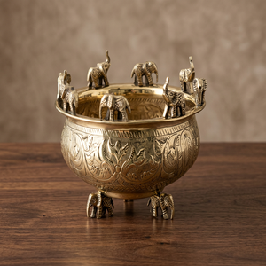 High Quality Brass Urli Bowl Decorative <b>Elephant</b> Accent Ethnic Indian Home <b>Decor</b> Wedding Celebrations Religious Festivals - Product Image 3