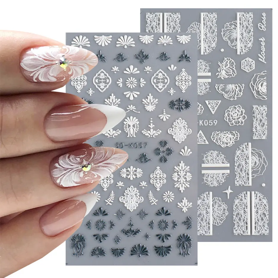 2022 new beautiful 5d lace acrylic nail stickers 5d embossed Flower hollow white black nail decals for Nails Decorations