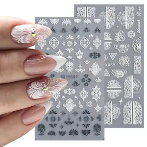 2022 new beautiful 5d lace acrilico nail stickers 5d fiore in rilievo hollow white black nail decalcomanie per decorazioni per unghie