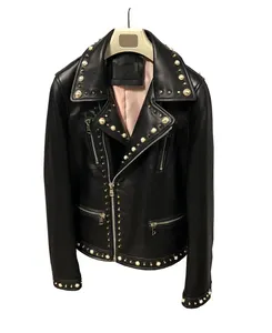 Pure Black Zipper Design Custom Woman Leather Clothes Girls Women Black Motorcycle Studded Leather Jacket