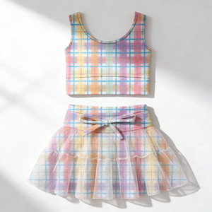 Ensemble 2 pièces personnalisé pour filles, haut court <span class=keywords><strong>sans</strong></span> manches et mini-<span class=keywords><strong>jupe</strong></span>, 82% nylon 18% élasthanne, ultra doux, respirant, pour l'été, les fêtes et les occasions décontractées - Product Image 4