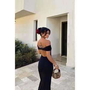 Robe de bal longue Brunella noire, taille empire, manches courtes, style simple, polyester, taille XL, pour le bal de promo - Product Image 1