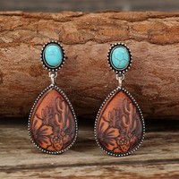 Boucles d'oreilles pendantes en cuir style western, motif cactus floral, avec pierre turquoise, plaqué argent, idéales pour un cadeau