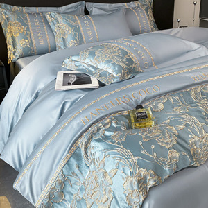 Parure <span class=keywords><strong>de</strong></span> lit 4 pièces en polyester-coton lavé effet soie, broderie en relief, luxe léger, tailles King et Queen, pour hôtel et maison, <span class=keywords><strong>housse</strong></span> <span class=keywords><strong>de</strong></span> <span class=keywords><strong>couette</strong></span> - Product Image 2