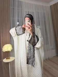 Abito Musulmano Elegante Fatto a Mano in Poliestere con Pois, Nuovo Modello Primavera 2026, Vestito Modesto con Bordo in Pizzo, Stile Ampio <span class=keywords><strong>Abaya</strong></span> per Donne - Product Image 4