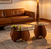Ensemble de tables basses rondes en verre avec base en bois massif courbé, table d'appoint moderne en 2 pièces pour salon, meubles de maison