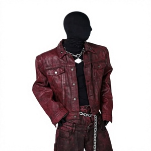 Veste en cuir ciré rouge pour homme, style punk, col rabattu, décoration chaîne, vêtement d'automne - Product Image 1