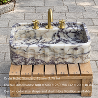 Lavabo rectangulaire en marbre Calacatta Viola personnalisé, à poser au mur, avec rainures, pour salle de bain de luxe