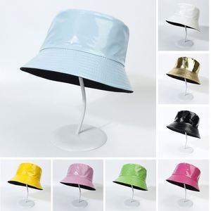 Sombrero de cubo metálico de cuero PU, gorras de pesca de Color sólido a la moda, sombreros de sol plegables reversibles para mujeres, hombres - Product Image 6