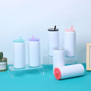 New 16OZ Sublimation Cylindrical Stainless Steel Insulated Vacuum <b>Cup</b> with Colorful <b>Lid</b> Plastic <b>Straw</b> Modern Design Customizable - Product Image 1