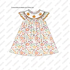 OEM Custom Fall Kids Clothes Newborn Baby Girl Flutter Sleeves Bubbles Pumpkin Smocked Girls Romper With Ricrac Trim