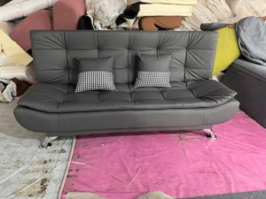Modern Tufted PU Leather Sofa <b>Bed</b> with Stainless Steel Legs and Checkered Pillows for Living Room - Product Image 1
