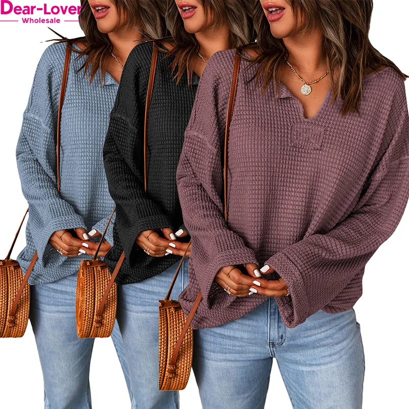 Dear-Lover Odm Custom Logo High Quality Waffle Knit Loose Long Sleeve Tops Blouse For Women