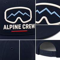 Gorra de béisbol unisex de algodón de sarga de 6 paneles con visera curva para pedidos al por mayor, con bordado de gafas de esquí, paquete para compradores de estaciones de nieve, logotipo personalizado