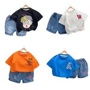 2023 Zomer Katoenen Kinderen Sportkleding Cartoon Ronde Hals Top Denim Shorts 2 Stuks Kleding Zet Jongens Terug Naar School Outfits