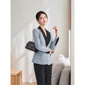Red Long Sleeve Color Blocked Blazer Skirt Set Women's Formal Suit Commute Anti Wrinkle Worsted Fabric - Product Image 4