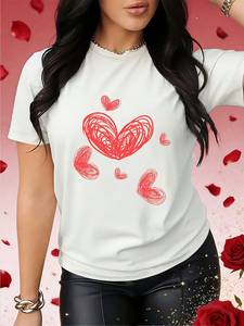 T-shirt Casual da Donna per San Valentino, Manica Corta, Girocollo, Stampa Cuore, Traspirante, Leggera, in Cotone, Primavera Estate - Product Image 3
