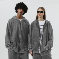 Sweat à capuche zippé vintage personnalisé pour homme, en coton épais délavé à l'acide, imprimé sérigraphié, vêtement d'hiver confortable
