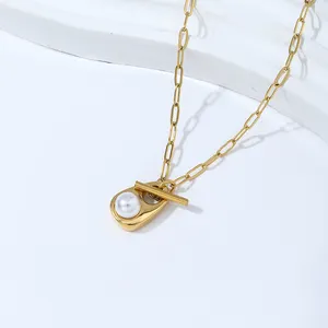 Ruigang Custom Design Valentine Gift Chain Pearl Gemstone Inlay Pendant Necklace Droplet Paper Clip OT Buckle Necklace For Women