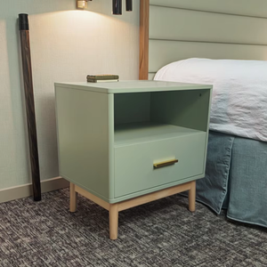 Table d'appoint design moderne pour salon, table de chevet en bois avec étagère de rangement ouverte, 1 tiroir, table de chambre à coucher, vert avocat - Product Image 2