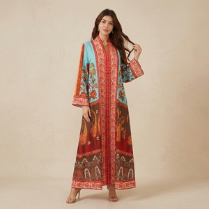 Boutique Style <b>Islamic</b> Abaya Ethnic Elegant Floral <b>Print</b> Polyester Long Sleeve Maxi for Dubai Resort Gathering Statement Wear - Product Image 1