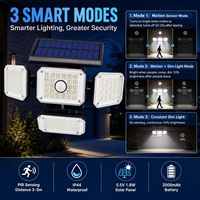 Vente en gros d'usine, lampe murale solaire à 336 LED, 4 têtes, télécommande, capteur PIR, lumière de sécurité étanche