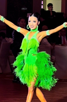 Robe de danse latine Vennystyle sur mesure en spandex/coton avec strass, franges en plumes, pour ballroom, rumba, cha-cha, samba, performance de cowboy