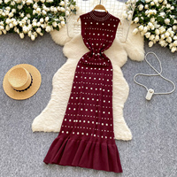 Robe midi moulante à col montant sans manches ornée de strass pour femme, style queue de poisson, idéale pour l'été
