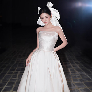 Strapless Satin Wedding Dress Natural Waist Floor Length For Brides Coming Of Age Ceremony White Simple Style - Product Image 2