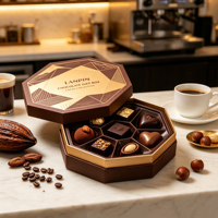 Boîte Cadeau Octogonale Rigide de Luxe Écologique Faite à la Main pour Chocolats, Personnalisée avec Motif Géométrique Doré, Multi-Compartiments pour Aliments
