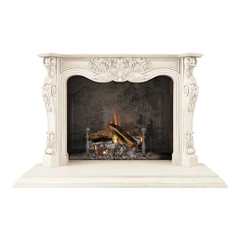 Customized Natural Marble Fireplace Mantle Beige White Carved Stone Fireplaces Wall Panel