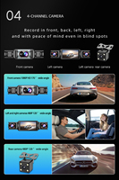 Mini caméra embarquée 4 canaux 1080P 360° avec vision nocturne infrarouge 8 LED, objectif arrière 170°, DVR de voiture et surveillance de stationnement 24h/24