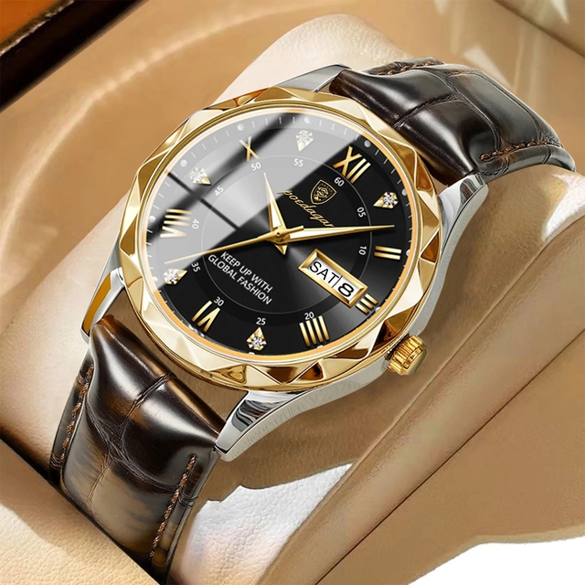 POEDAGAR 615 Luxury Business Man Wristwatch Leather Men's Watches Reloj Waterproof Luminous Date Week Watch for Men Quartz Clock