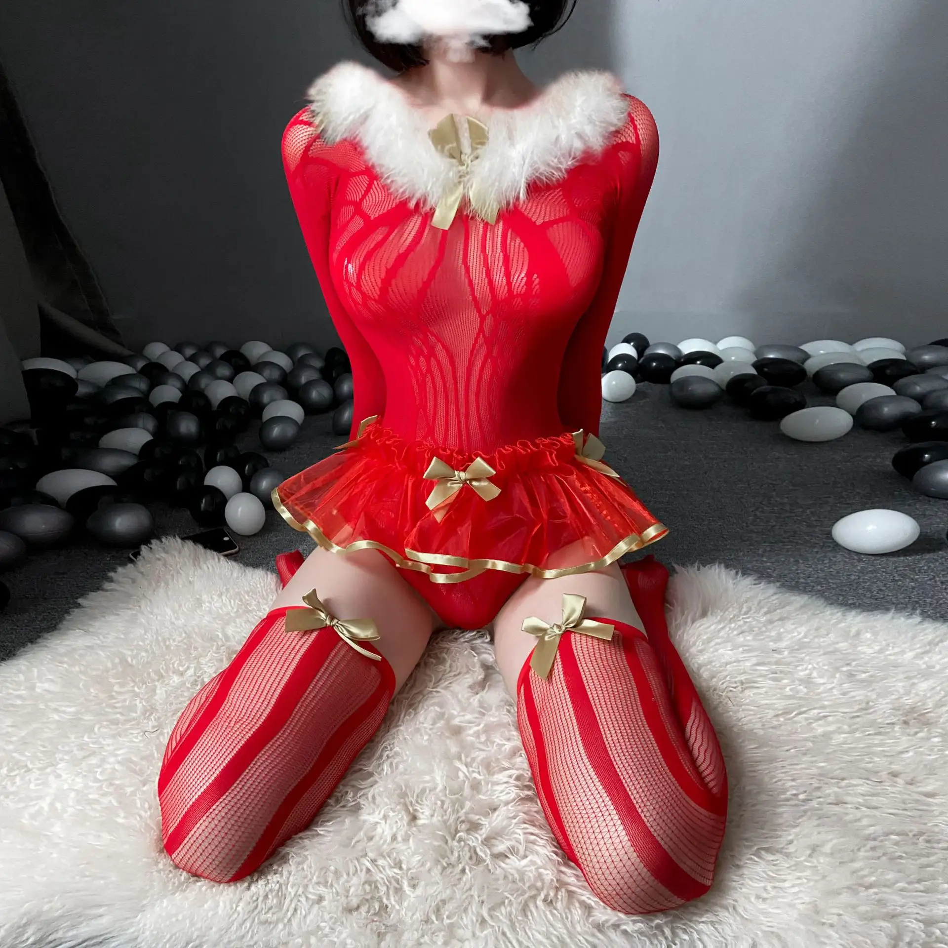 크리스마스 잠옷 섹시한 란제리 여성의 섹시한 메쉬 시스루 유혹 교정기 나이트 스커트 정장 레드 세트 크리스마스 드레스