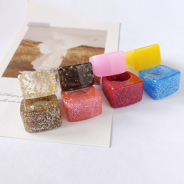 Summer New Fashion Jewelry Colored Acrylic Resin Exaggerate Big Ring Multicolor Geometric Square Resin Ring for Women