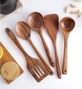 طقم أدوات مطبخ من خشب الساج الطبيعي 6 من أدوات الطبخ مع حامل. أواني خشبية غير لاصقة ، مجموعة متينة للطبخ الكبيرة - Product Image 5