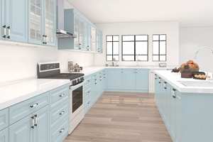 Meubles de cuisine haut de gamme de style américain moderne, panneaux de porte de style shaker laqués bleu Tiffany avec îlot en pierre - Product Image 5