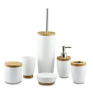 6 Buah Set Aksesori Mandi Keramik Pelapis Mutiara, Set Dispenser Sabun Bambu Sikat Toilet