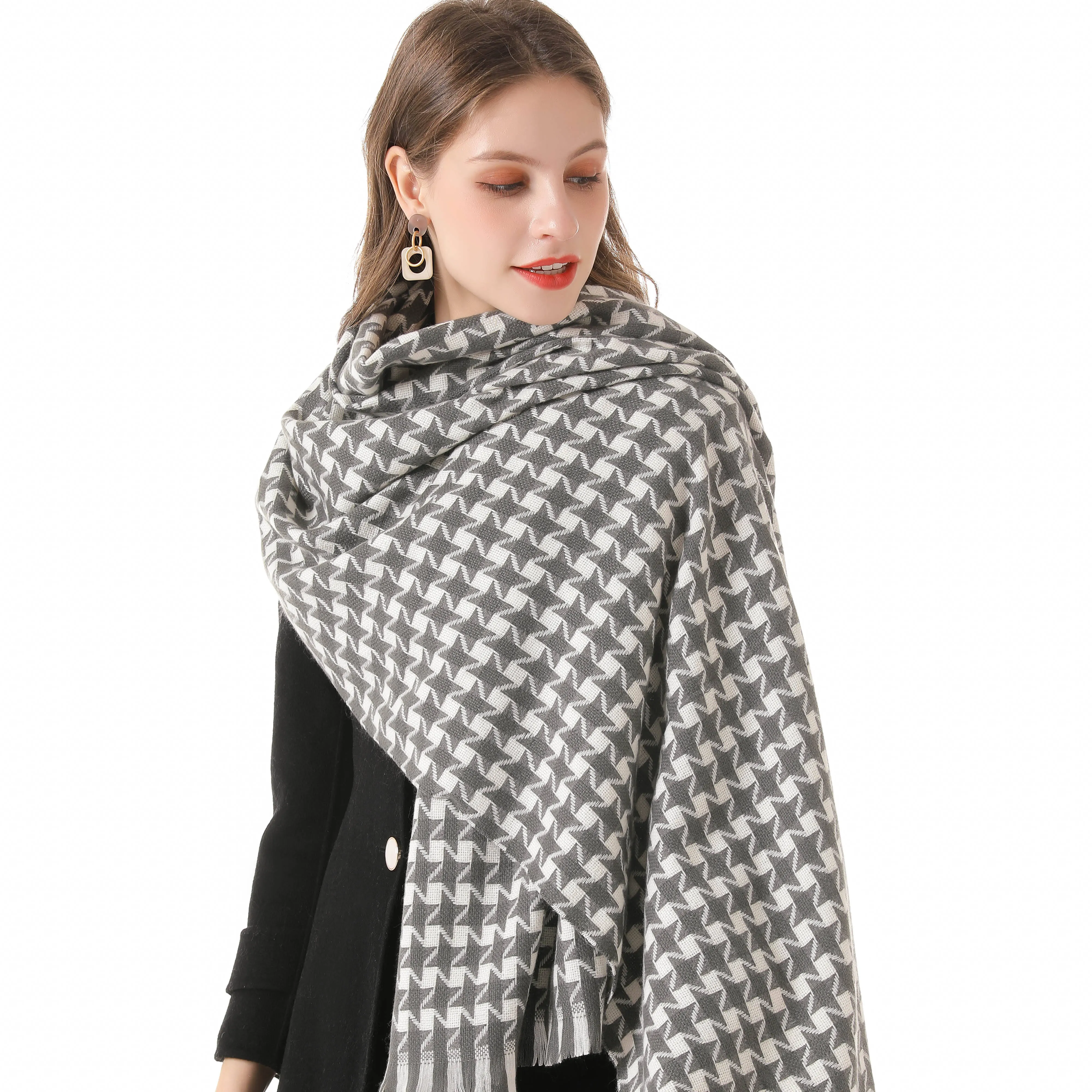 2023 autumn winter Polyester plaid scarf men and women warm plaid tassel scarf