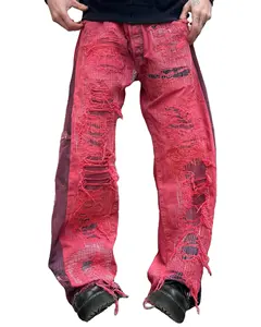 Zhuoyang 의류 공장 사용자 정의 OEM 대량 도매 플러스 사이즈 남성 착용 패치 워크 청바지 하이 퀄리티 손 수 놓은 데님 청바지