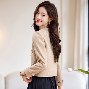 Beige Blazer For Women Spring Autumn 2024 Slim Fit Anti Wrinkle Solid Color Polyester Worsted Jacket - Product Image 4
