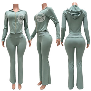 Set Dua Potong Wanita Jaket Crop Berkerudung dengan Ritsleting dan Celana Flare Motif Tengkorak Tracksuit Streetwear - Product Image 5