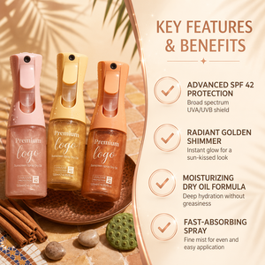 MLM Private Logo Illuminating Body Shimmer Sunscreen <b>Oil</b>-SPF 42 Hydrating Glow Sprayer <b>Essential</b> <b>Oil</b> Free Sample Wood Raw - Product Image 2