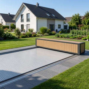 <span class=keywords><strong>Couverture</strong></span> <span class=keywords><strong>de</strong></span> <span class=keywords><strong>piscine</strong></span> motorisée à lamelles PC en bois clair avec banc coulissant gris foncé, personnalisable, directement <span class=keywords><strong>de</strong></span> l'usine, durable et sécurisée - Product Image 1