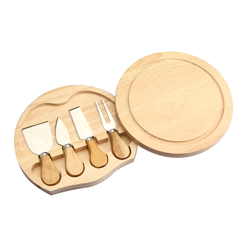 Premium 8 Inch Swiveling Round Wooden Cheese Platter Cutting Board Cheese Board Set with 4 pcs Stainless Steel Cheese Knife