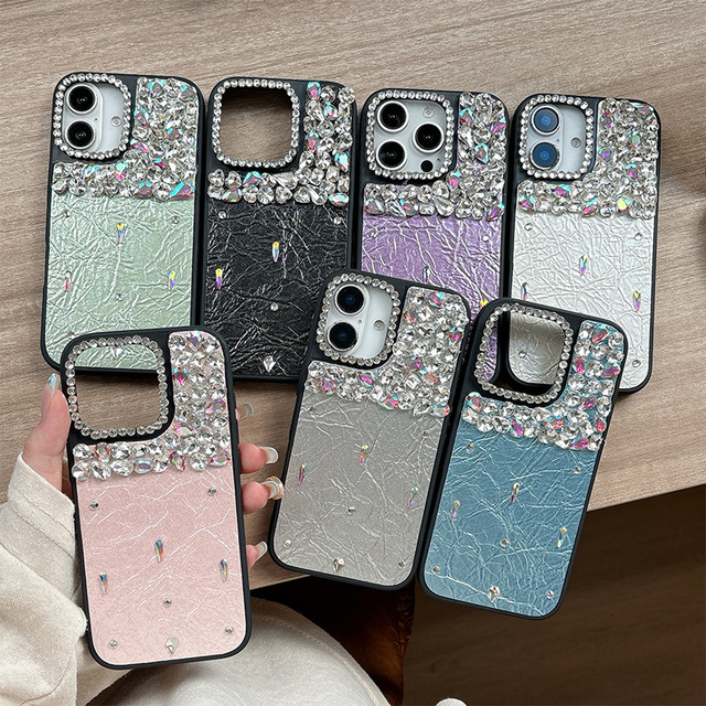 PU Leather Luxury Rhinestone Shockproof Diamond Design Phone Case for for 16 Pro Max Women's