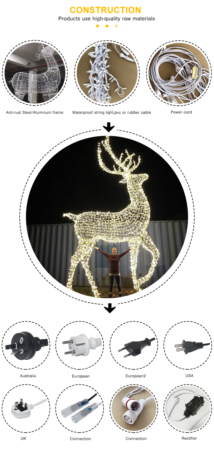 Holiday Decoration Outdoor Waterproof Large Christmas Reindeer Motif Light Custom 3D Decoration Reindeer Light