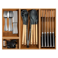 Organizador de Cajones de Bambú, Juego de 4 Piezas, Carbonizado, Antideslizante, Extra Profundo, Bandeja de Almacenamiento de Cubiertos para Cocina, Porta Cuchillos