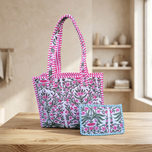 Large <b>Boho</b> Quilted Cotton Shoulder Tote <b>Bag</b> with Pouch Set for Women Washable Block Print Luggage Tote <b>Bag</b> on Sale for Grocery - Product Image 2